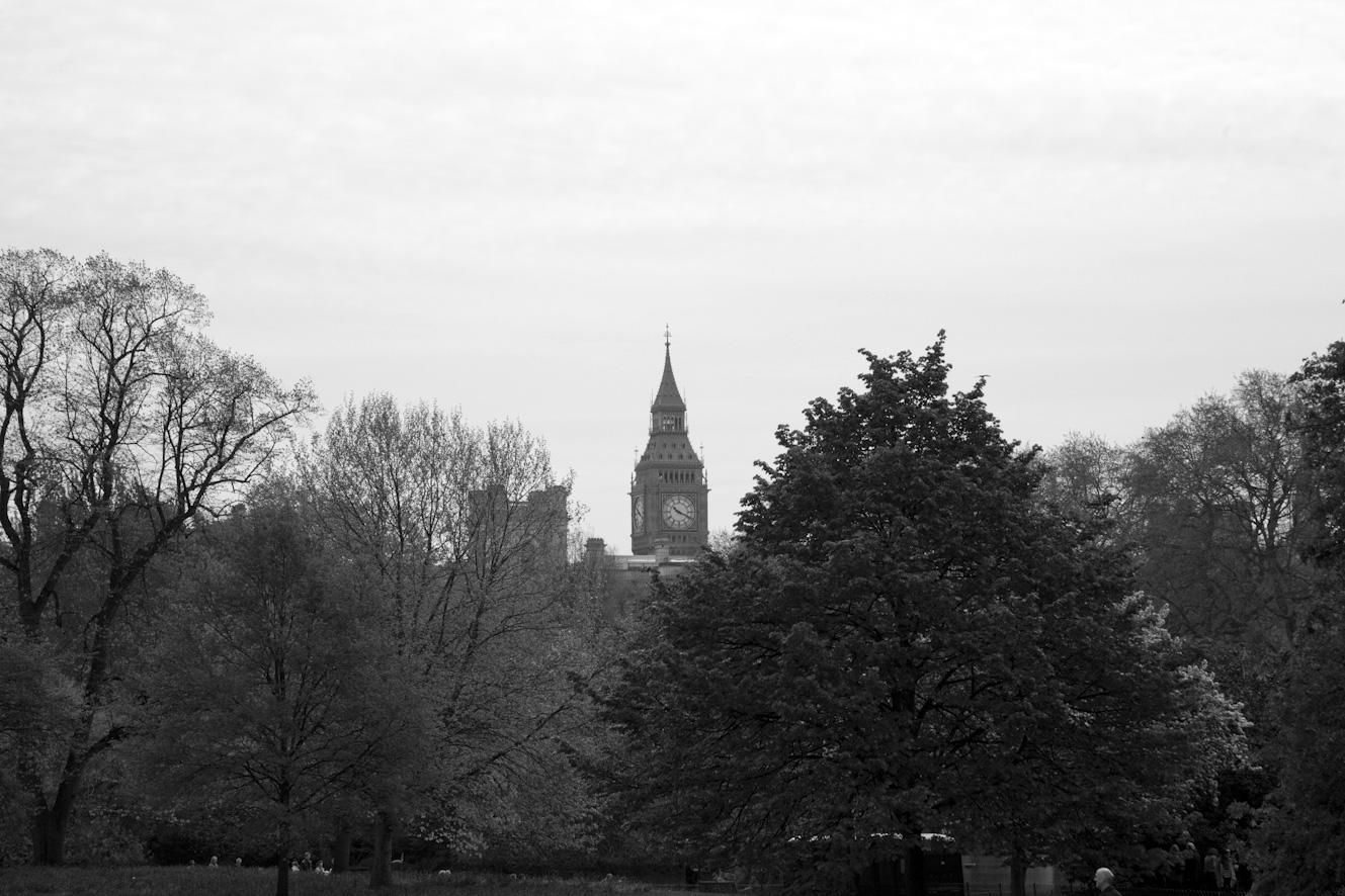 Black and white shot of Big Ben from St James's Park.